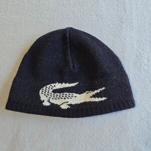 Lacoste Beanie Hat Kids OS Navy Blue Wool Blend Polartec Fleece Lined Logo